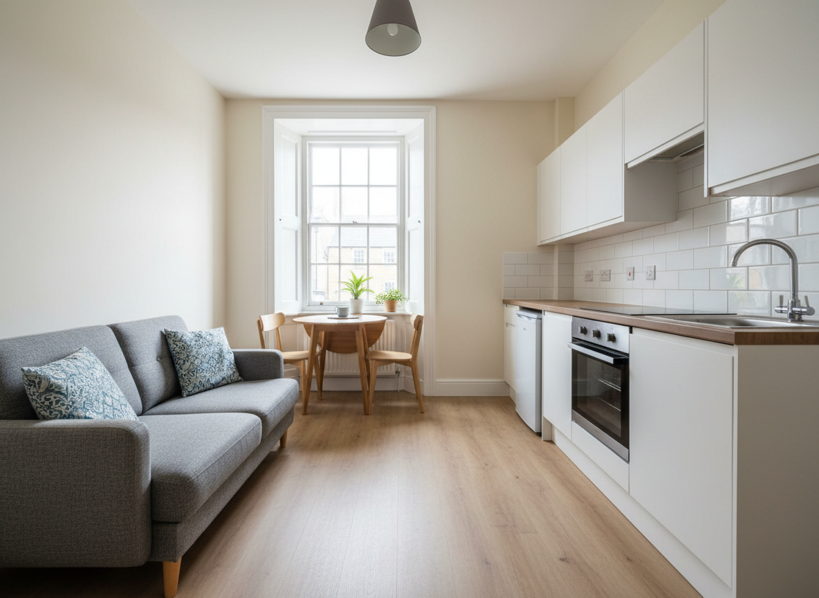 Sample image: flat living room and kitchenette